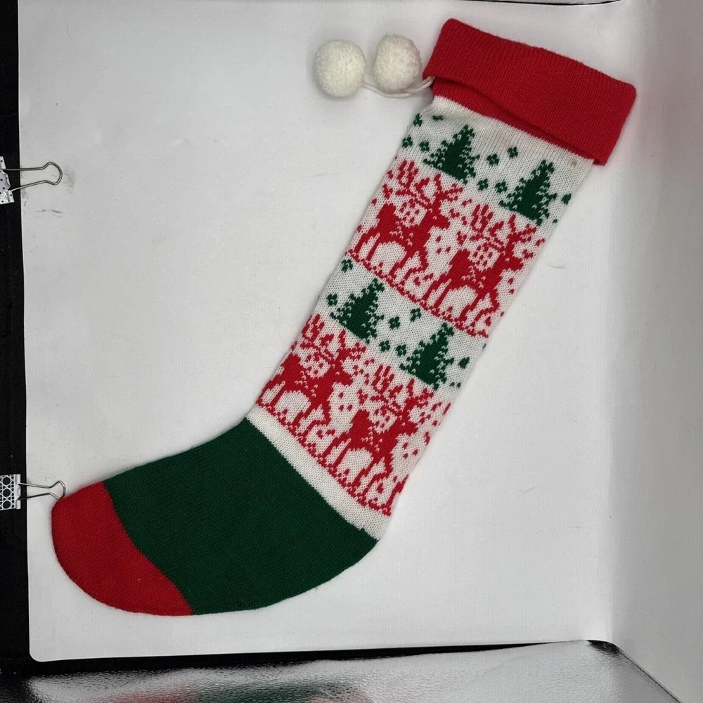 Vintage Long Knit Christmas Stocking Reindeer With Trees‎ Pom Pom 22